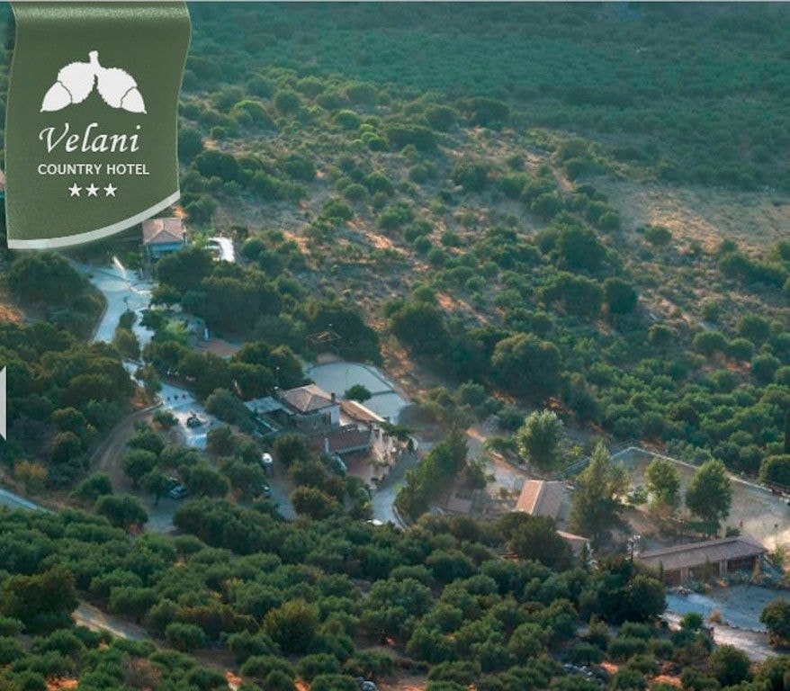 top view of Country Hotel Velani complex, trees, buildings, pool