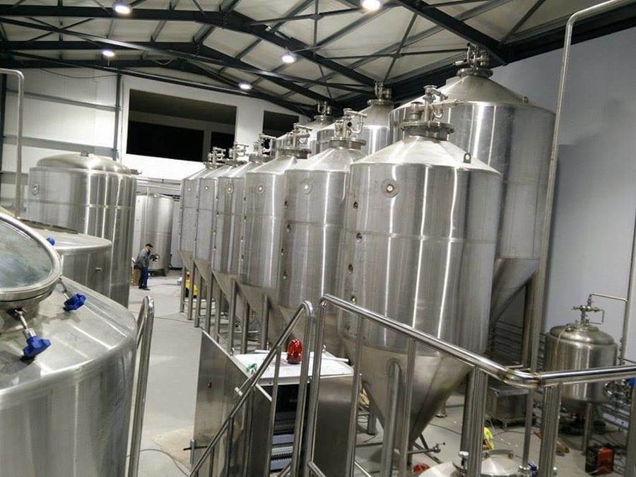 aluminum beer tanks at Cretan Brewery plant