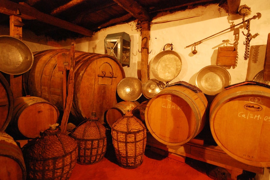exhibition room with wood ceiling at 'Dio Fili' with old wine barrels and wine jugs