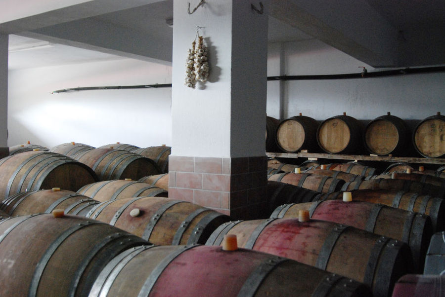 lying wine wood barrels in a row at 'Dio Fili' cellar with stone column