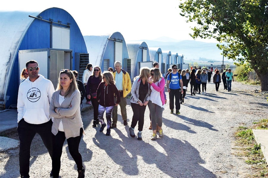 tourists walking front 'Dirfis Mushrooms' greenhouses