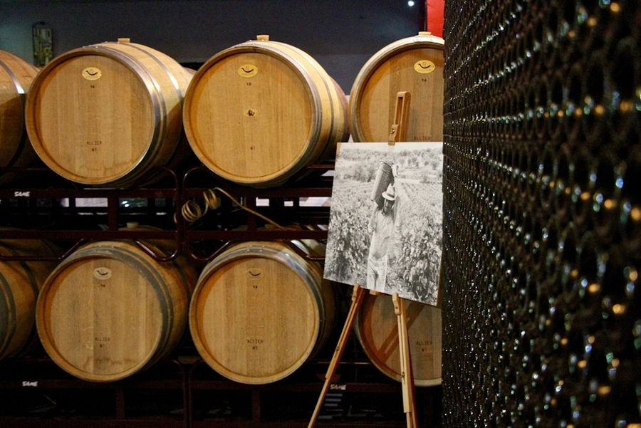 bottles in the storage locker and wine barrels and a photo on the stand at 'Domaine Bairaktaris' cellar