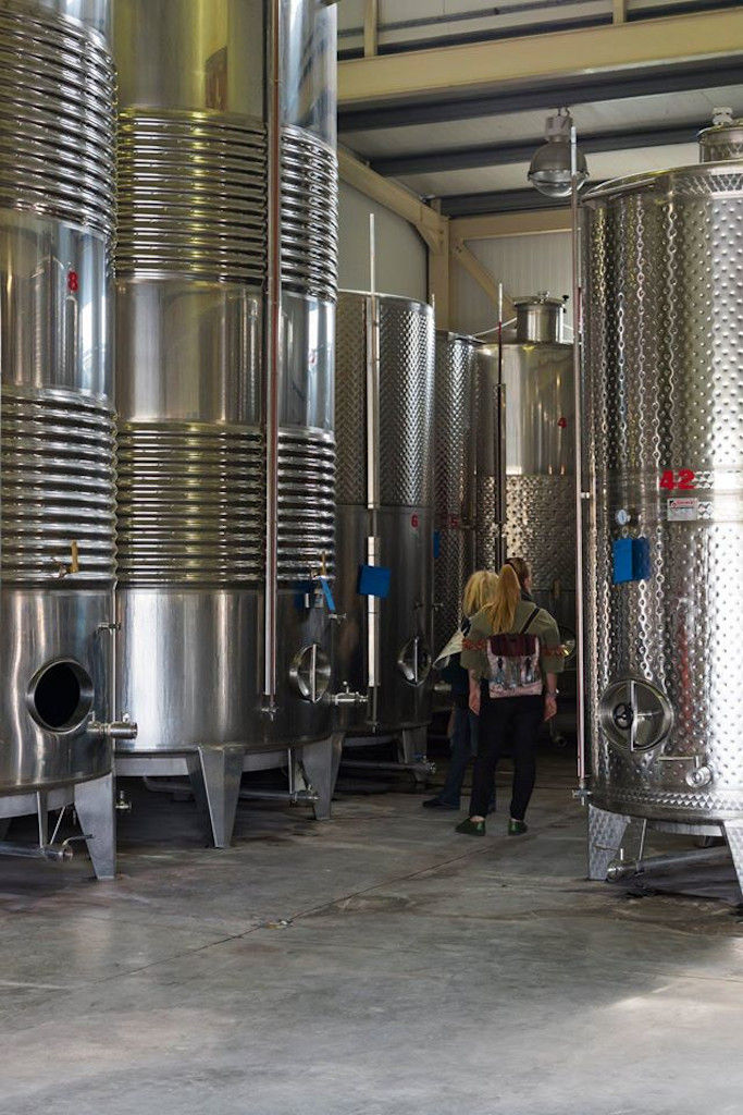 two women visiting the aluminum wine storage tanks at 'Domaine Bairaktaris' plant