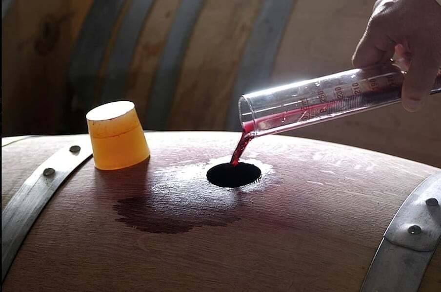 oenologist pouring wine in barrel from graduated cylinder at ‘Domaine Dereskos’ that recognized with many awards|