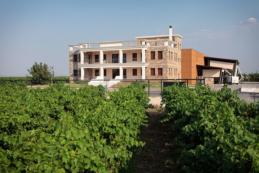front view of 'Domaine Migas' building with two floors surronded by vineyards