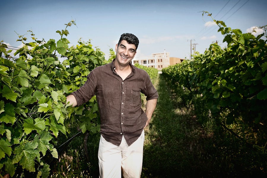 man smiling happily at the camera with 'Domaine Migas' vineyards in the background