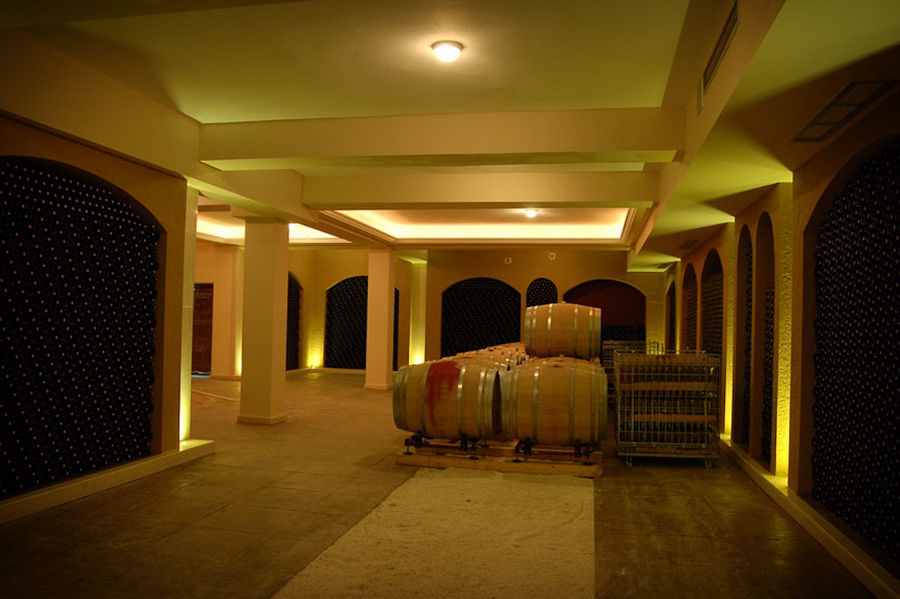stacked bottles on the wall and wine barrels at 'Domaine Migas' illuminated cellar