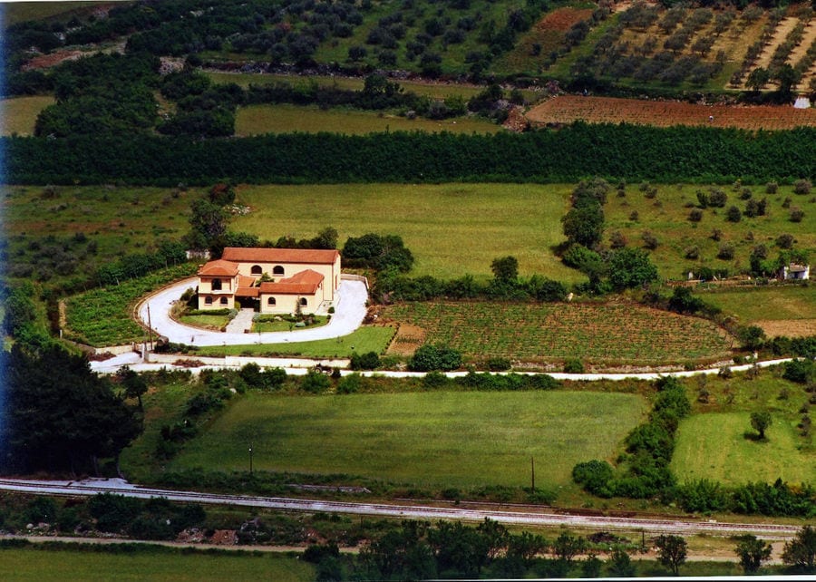 'Dougos Winery' from above surrounded by trees and vines