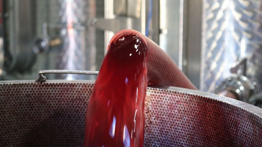 red wine 'must' flowed from hydraulic pump at Douloufakis Winery plant