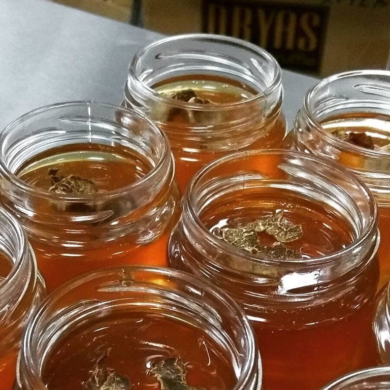 view from above of jars with honey and truffle slices in each one from 'Dryas Greek Truffle'