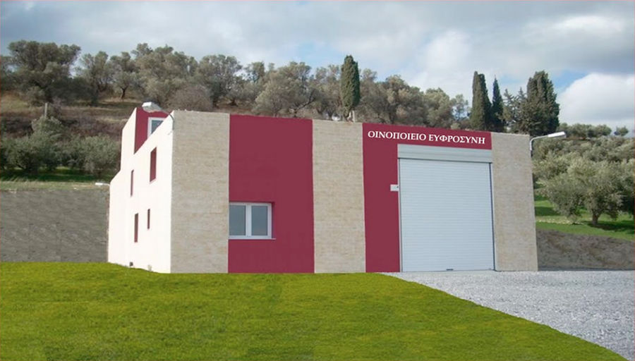 front view of the Efrosini Winery building with green lawn and pavement in front and trees in the background
