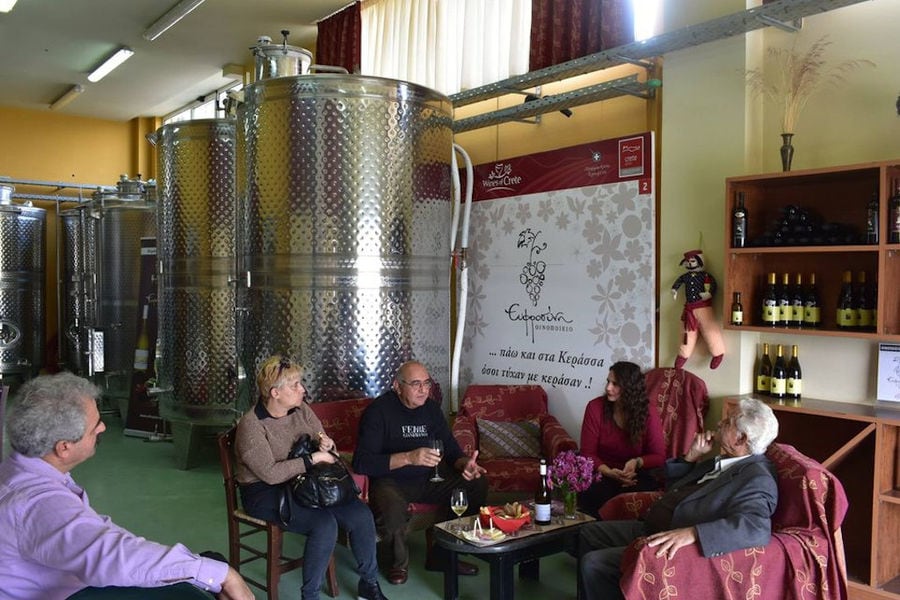 tourists sitting and discussing at Efrosini Winery plant with the tanks in the background