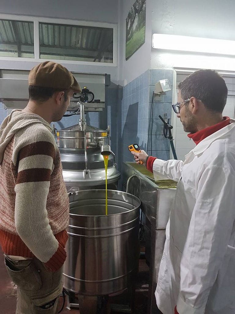 two men control temperature of olive oil flowed from olive oil press machine at Elladiko plant