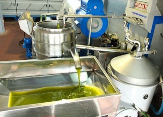 close-up of olive oil flowed from olive oil press machine at Elladiko plant