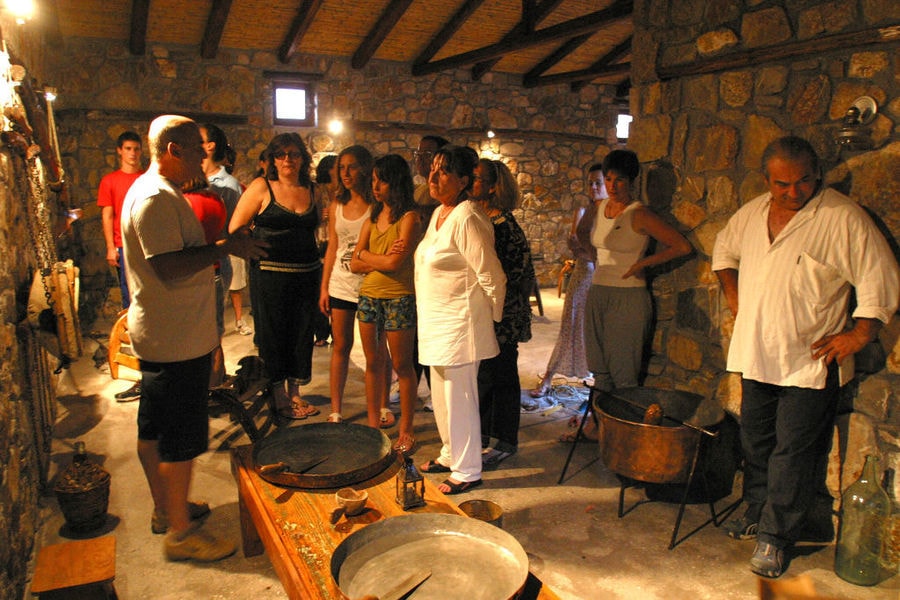 tourists listening to a guide in a stone room with traditional tools and utensils at 'Olive Oil Museum, Ermionis Bairaktaris Apiary'
