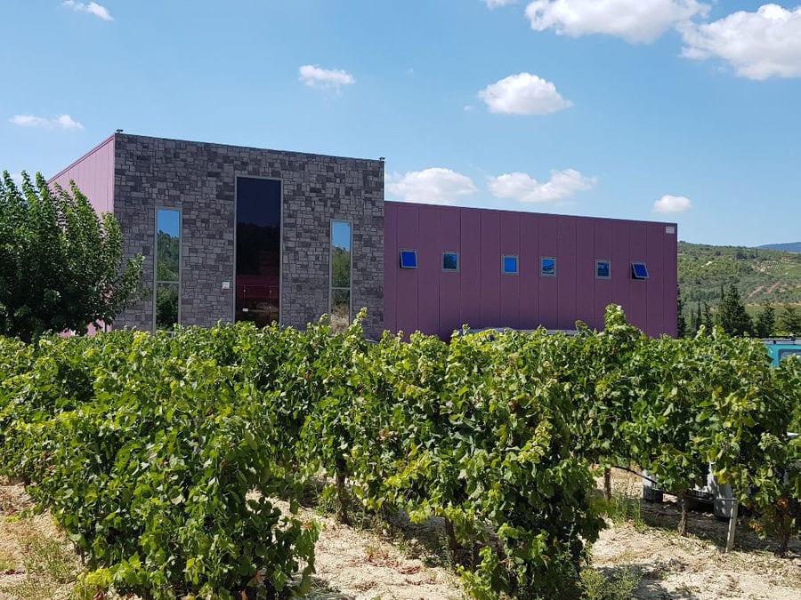 on side of the 'Constantin Gofas Estate building with rows of vines in the front