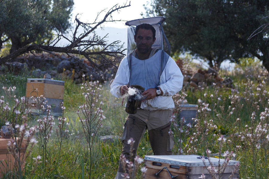 beekeeper holding a bee hive smoker at 'Eumelon' surrounded by white flowers and grass