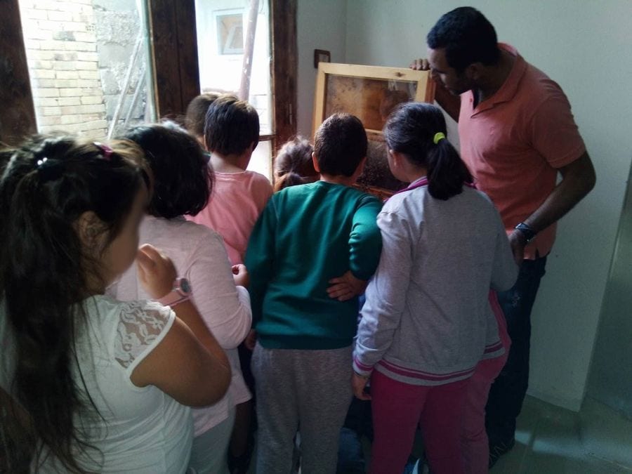 a group of children listening to a man showing a honeycomb panel at 'Eumelon' plant