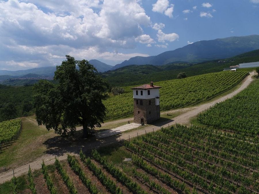 far view of tall tower part of Ktima Kir Yianni surrounded by vineyards and dirt roads