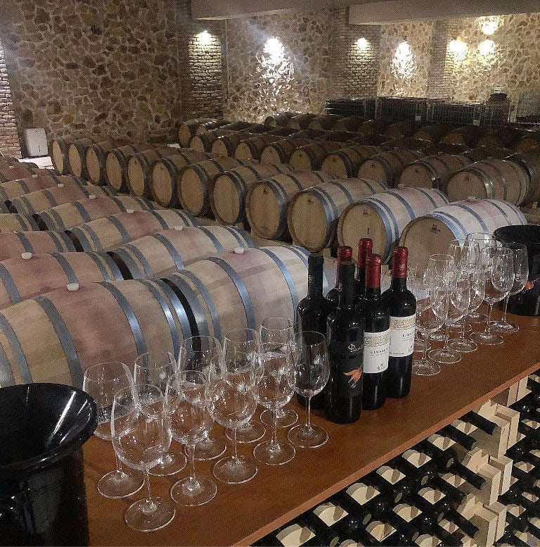 table with glasses and wine bottles and wooden barrels in a row in the buckground at 'Filia Gi' stone cellar