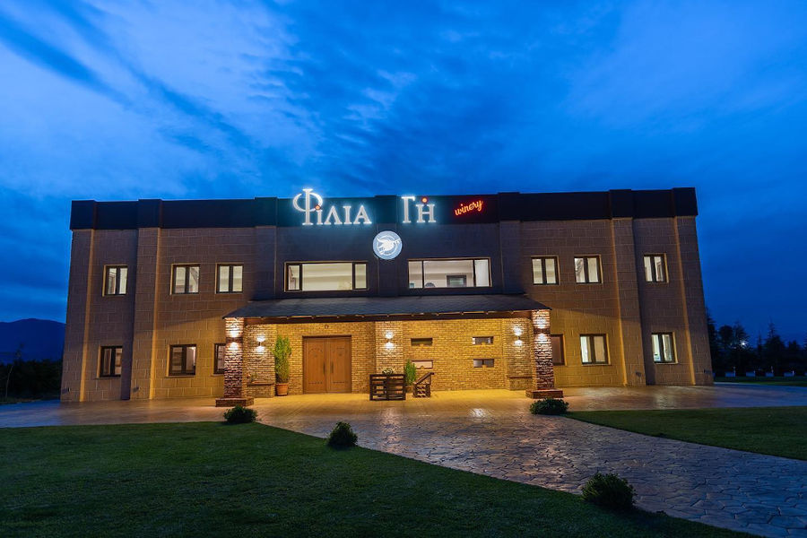 front view of illuminated 'Filia Gi' building by night with green lawn and stone alley