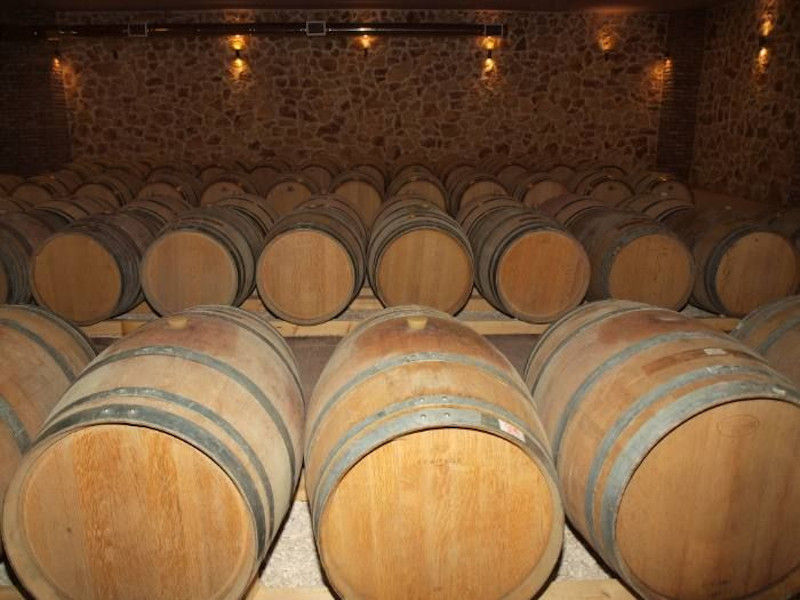 lying wine wooden barrels in a row at illuminated 'Filia Gi' stone cellar