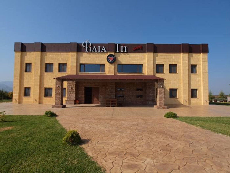 front view of 'Filia Gi' building with green lawn and stone alley and trees and mountains in the background