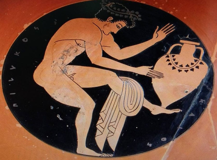 'Domaine Foivos' mural with a nude of ancient Greek man and an amphora