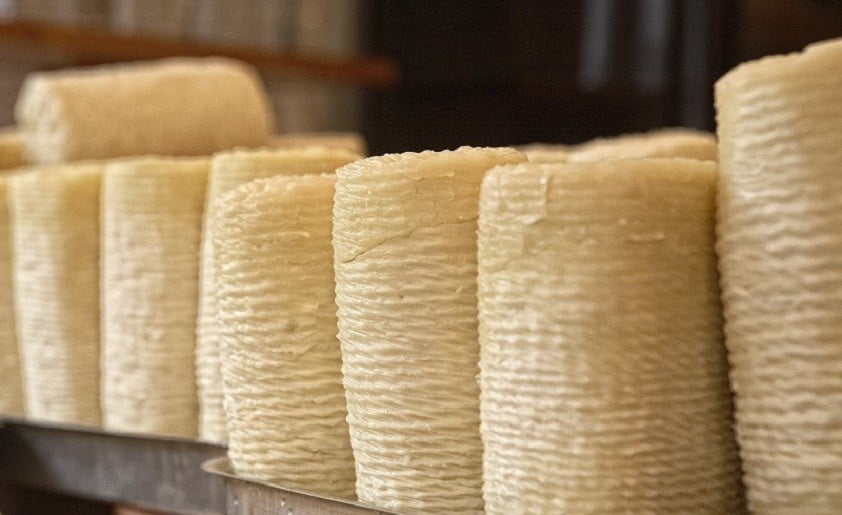 Close-up of lying Greek ‘Formaela’ pale-yellow cheeses