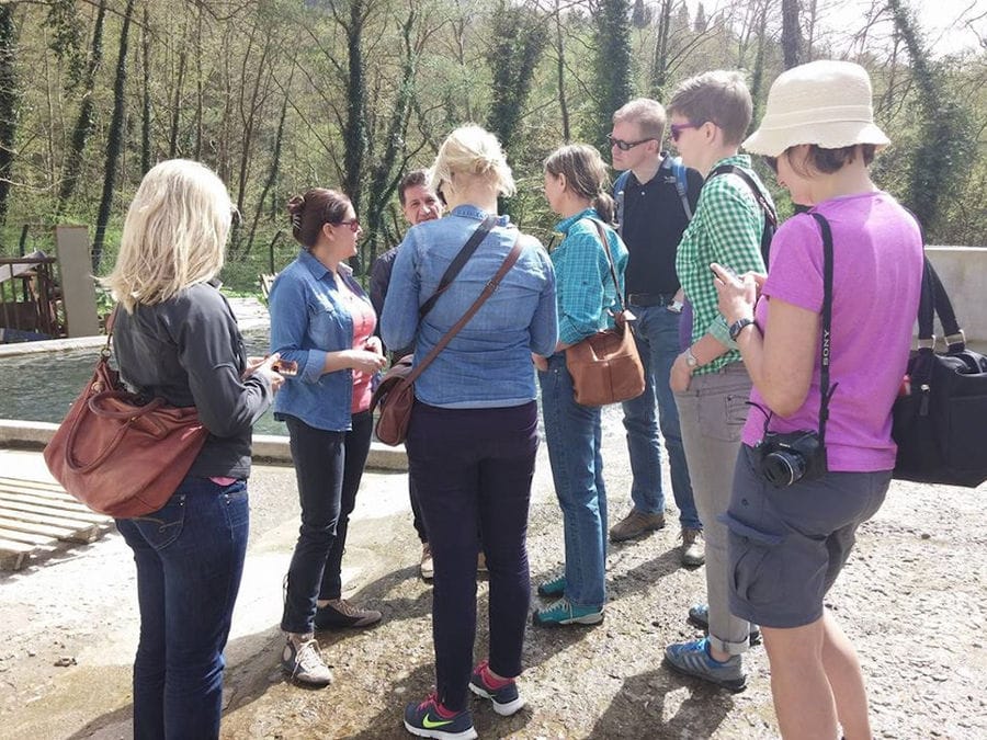 a group of tourists listening to a woman giving a tour outside at 'Fresko' with forest in the background