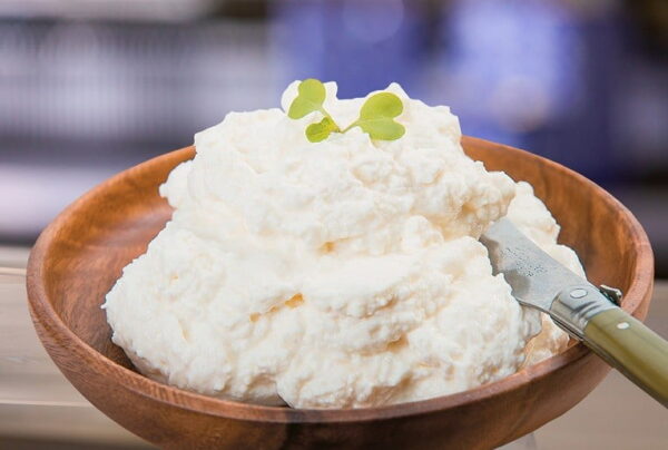 Close-up of bowl with Greek ‘Galotiri’ means fresh cream cheese