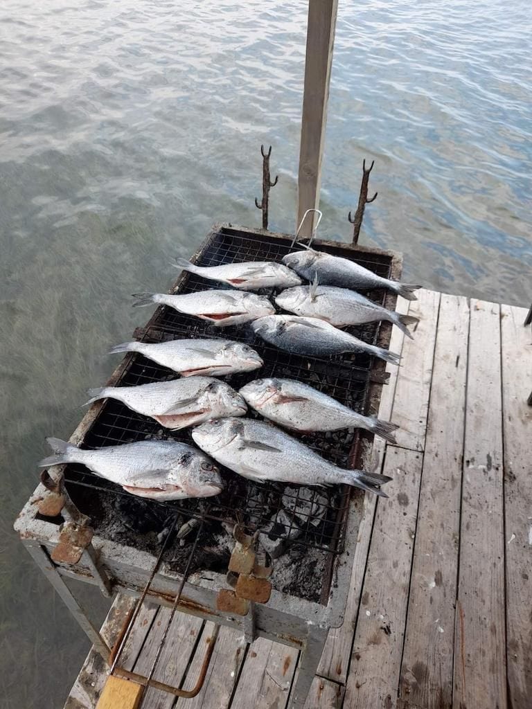 grilling with fish frying on the deck of Stefanos Kaneletis’ fishing boat and the sea in the background