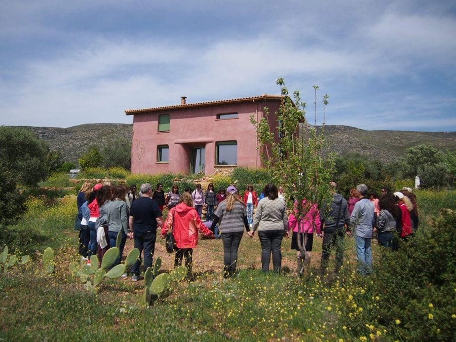 group of tourists holding hands in circle in front of the pink building of Korogonas Ark outside in green grass