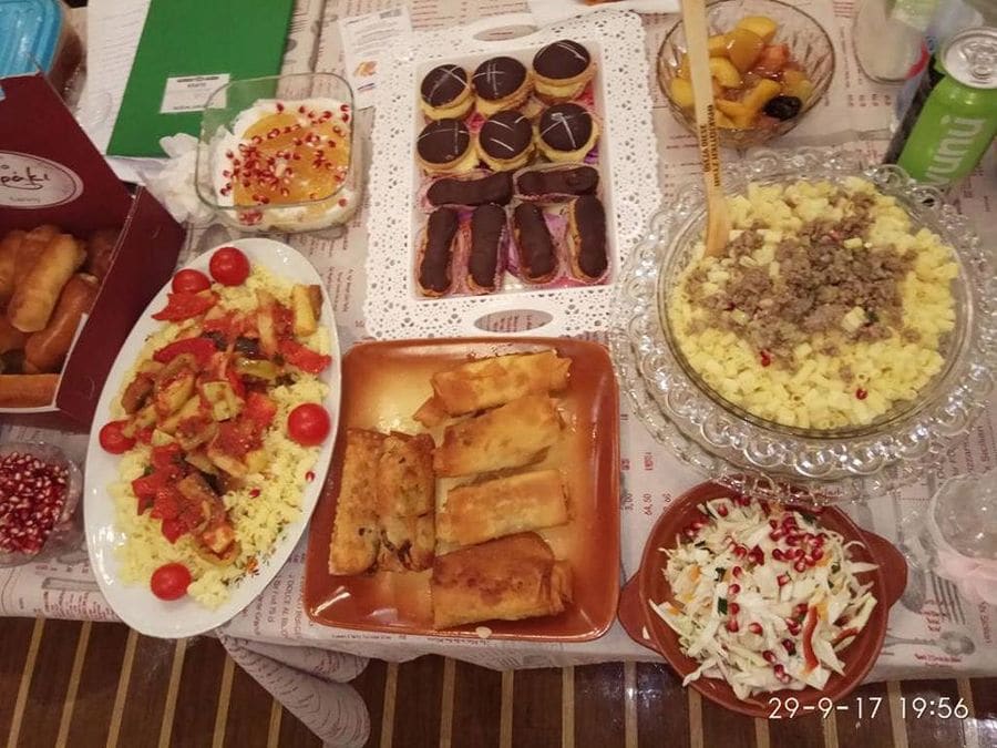 close-up of pies, hilopites pasta with cheese, pastry sweets at Thracian Pasta store