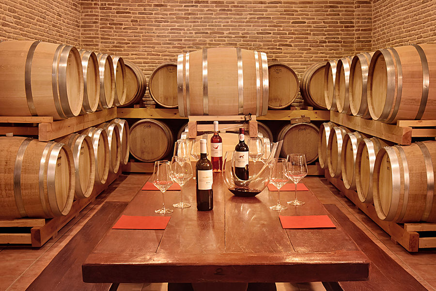 Wine cellar with barrels and table set for wine tasting