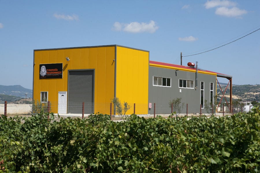 vineyards front the yellow building of barley corns and beer at Karma Beer Brewery of Peloponnisos