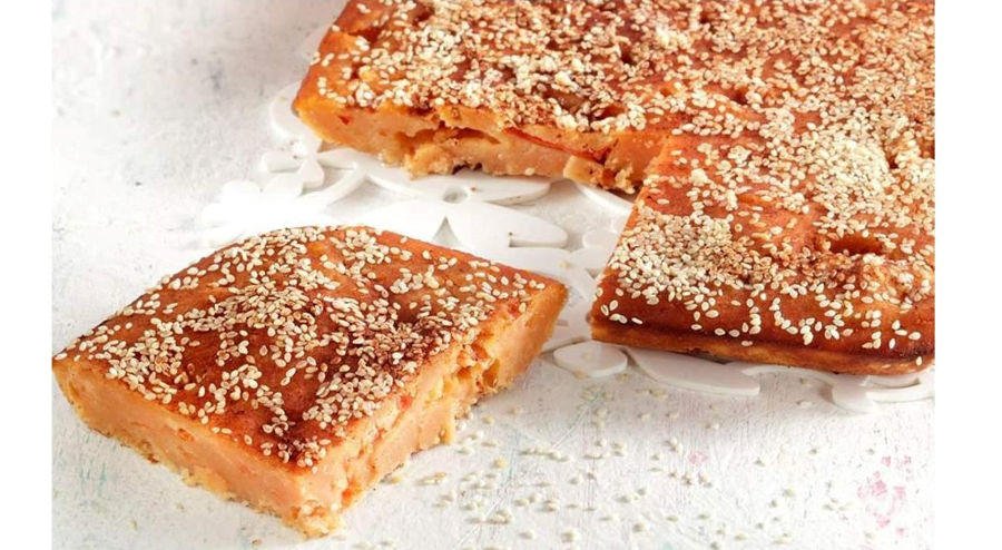 close-up of pieces of Greek ‘Karpouzopita ’ means watermelon pie