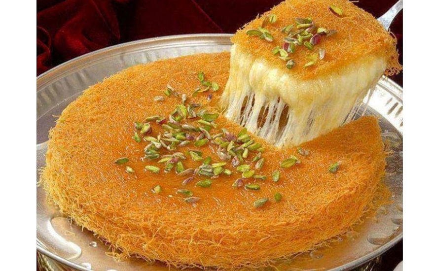 Close-up of baked pan with Greek ‘Kunefe’ fine dough that resembles pasta