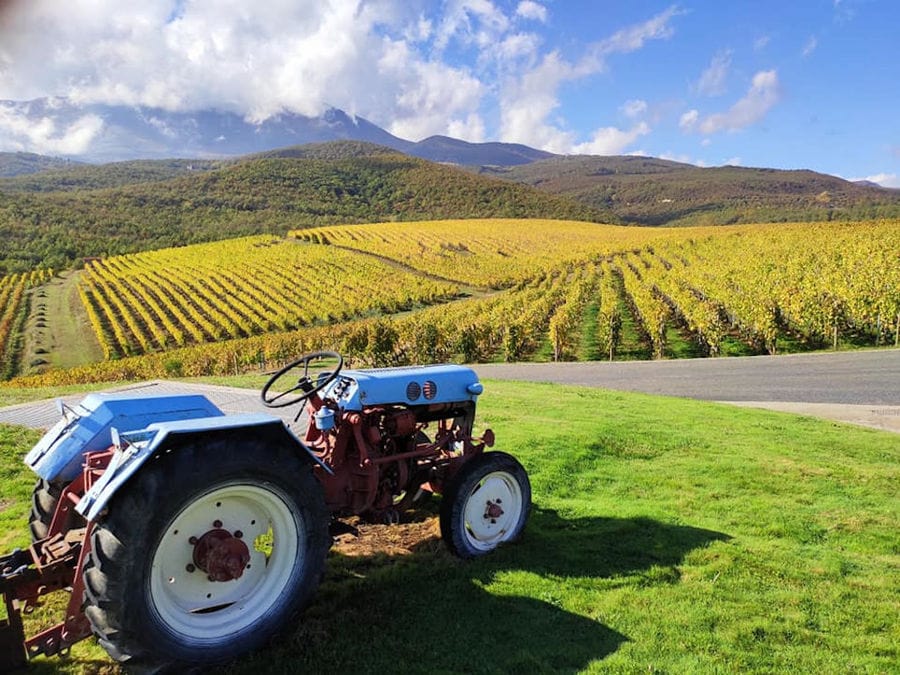 tractor on the green grass in the background of the Ktima Kir Yianni vineyards