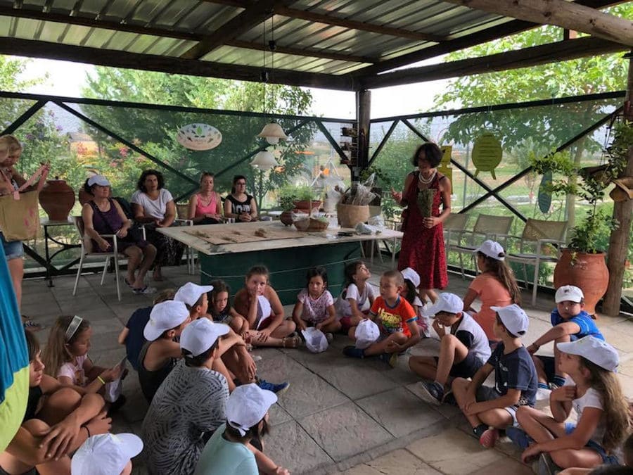 a group of pupils listening to a woman giving a tour at Efkarpia Farm wood watchtower