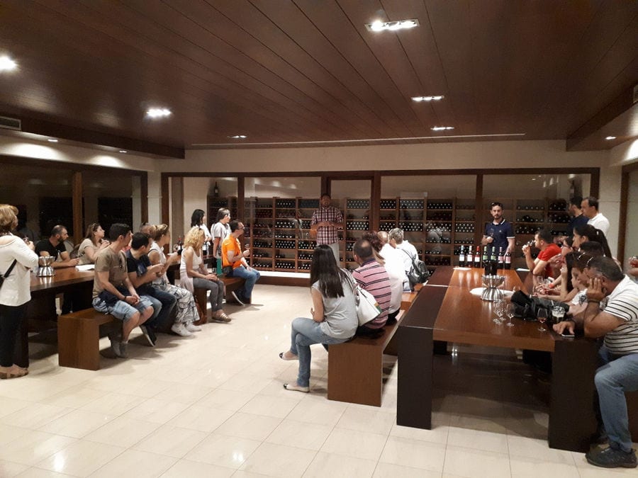 Tourists sitting on the tables and enjoy a wine tasting at 'Ktima Pavlidis'