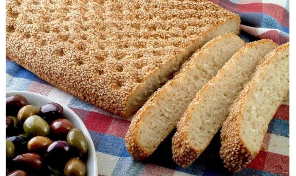 Close-up of pieces of Greek ‘lagana’ is unleavened bread and covered with sesame