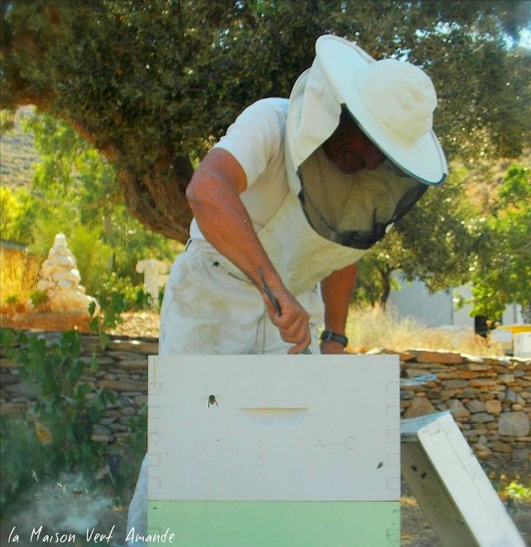 beekeeper holding a bee hive scraper knife on top of bee hive at 'La Maison Vert Amande'