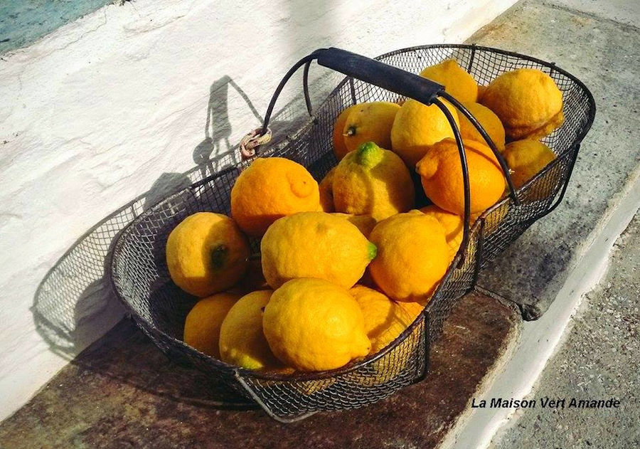 close-up of a metal buscket with lemons at 'La Maison Vert Amande'