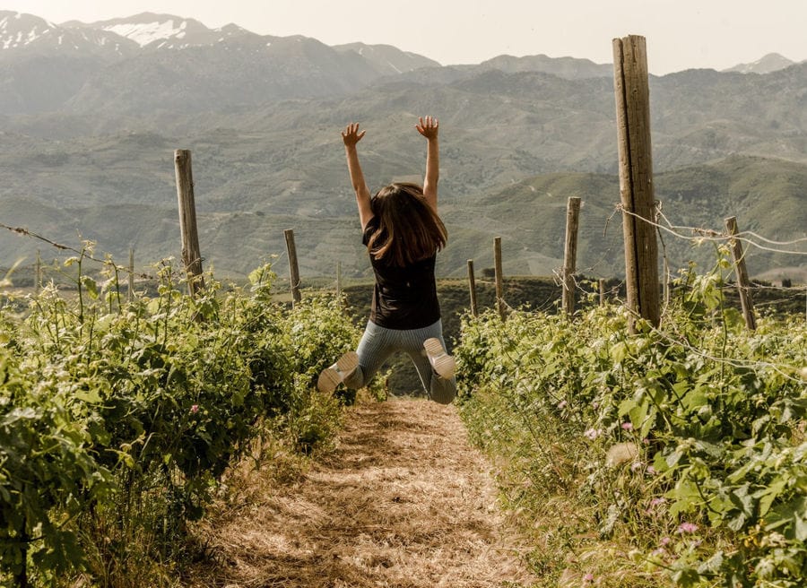 a little girl jumping with her hands up at Manousakis Winery vineyards