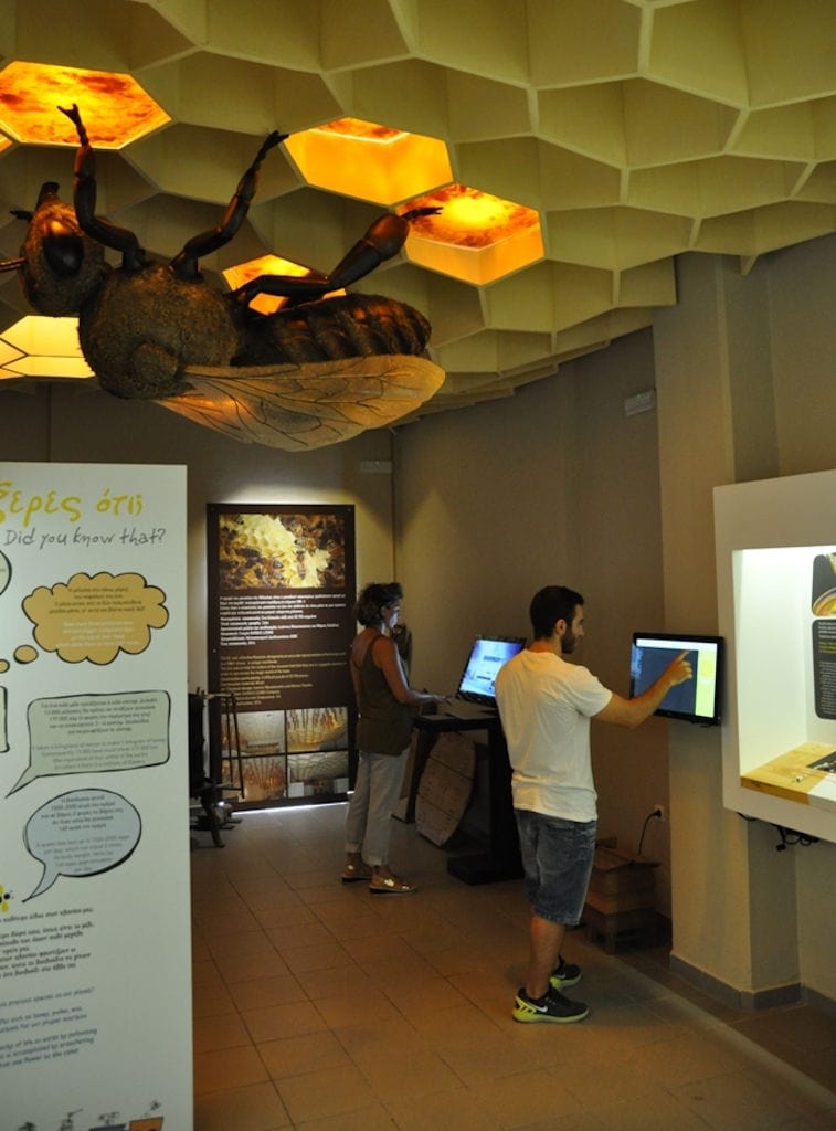 tourists using information screens with a huge model bee above their heads at 'Melissokomiki Dodekanisou Bee Museum'