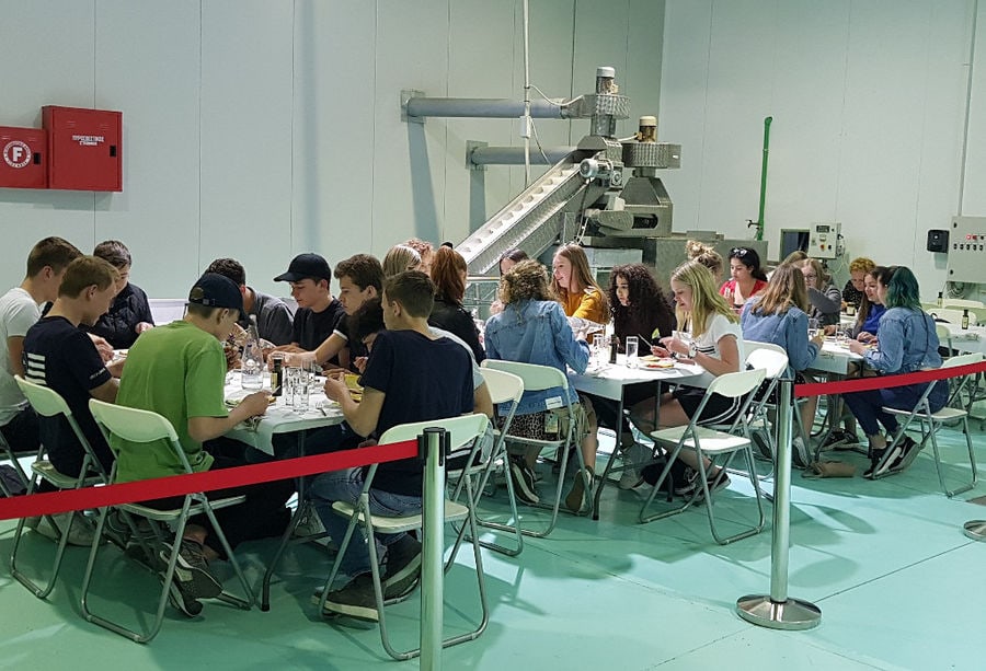 a group of tourists sitting at the tables in Melas Epidauros olive oil plant and eating