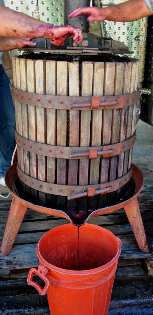 two men using a manual grape press at 'Mercouri Estate' facilities