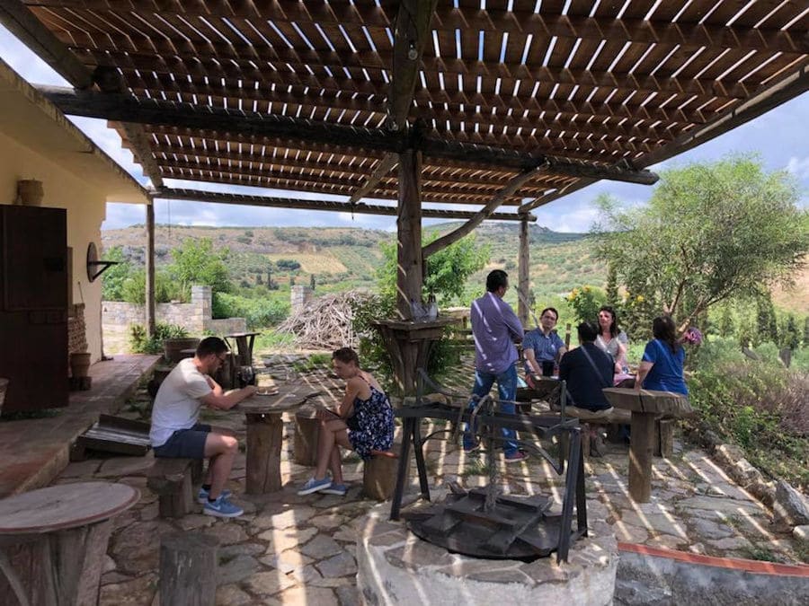 tourists listening to a guide at Minos - Miliarakis Winery outside and sitting in the shade of pergola