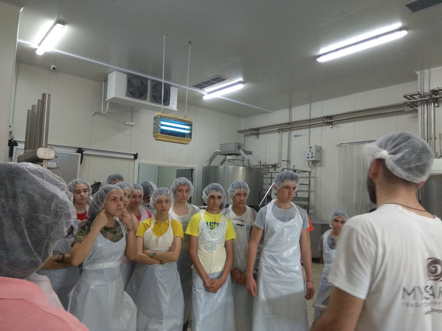 a group of tourists listening to a man giving a tour at 'Mystakelli Dairy' plant